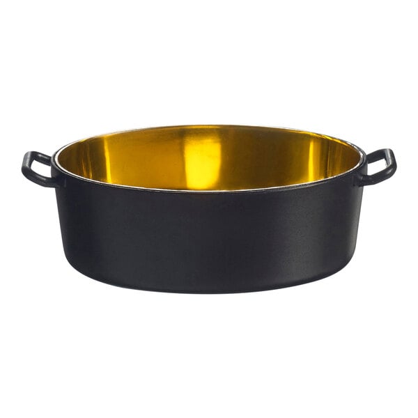 A black and gold Solia Eskoffie mini plastic pot.