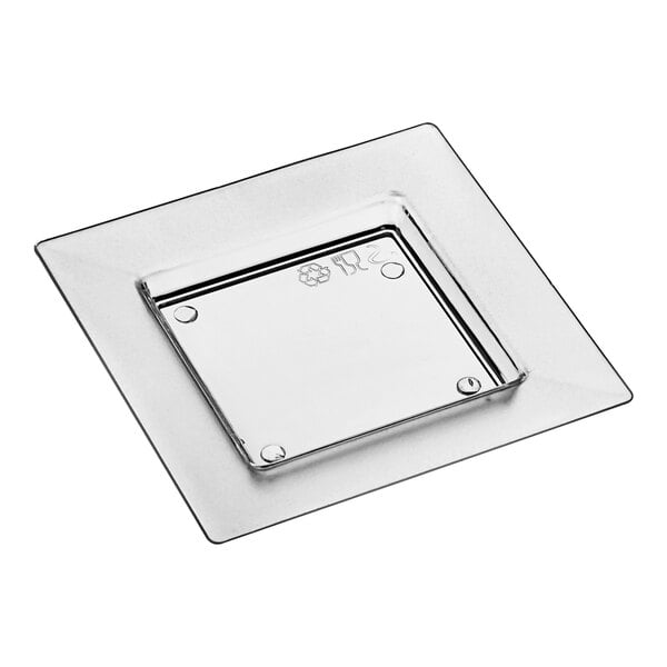 A close-up of a clear Solia square plastic plate.