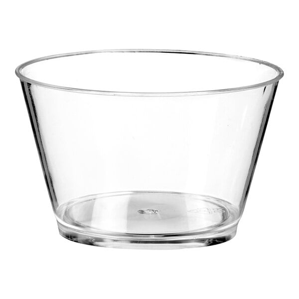 A clear plastic Solia conical bowl with a clear bottom.