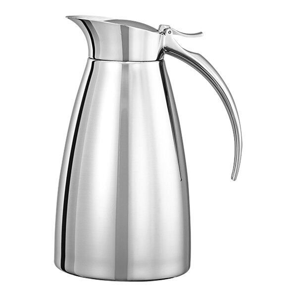 A polished stainless steel Service Ideas coffee carafe with a handle.