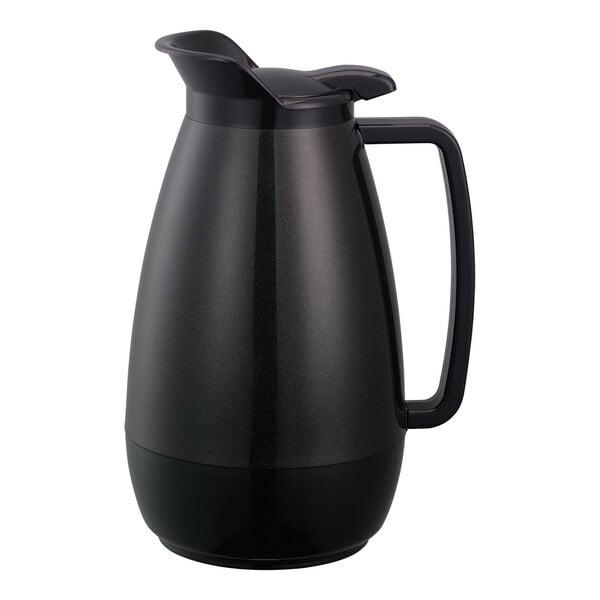 A black Service Ideas Thermo-Serv coffee carafe with a handle.