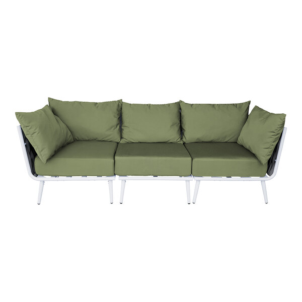 A green and white BFM Seating Cayman outdoor couch with green cushions and white legs.