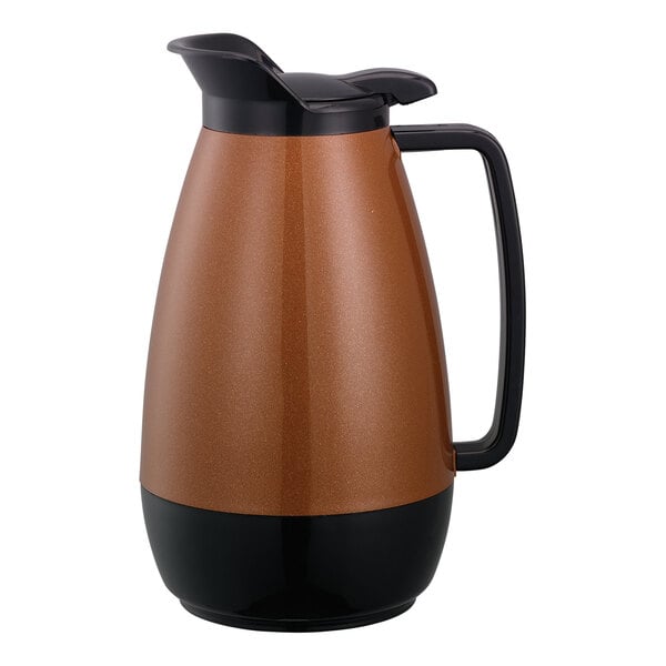 A brown and black Service Ideas Thermo-Serv coffee carafe with a flip-top lid.