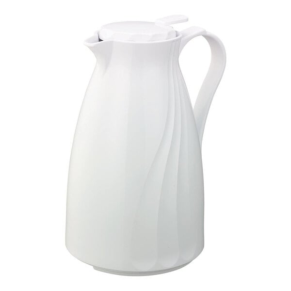A white plastic coffee carafe with a push-button lid.