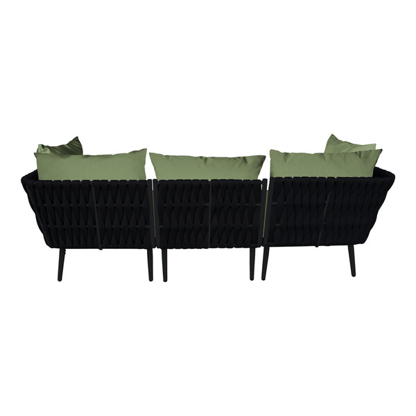 A black BFM Seating outdoor couch with green cushions and pillows on a white background.