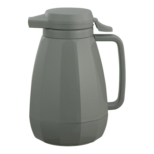 A grey plastic Service Ideas coffee carafe with a handle and lid.
