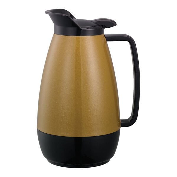 A black and gold Service Ideas Thermo-Serv coffee carafe with a flip-top lid and handle.