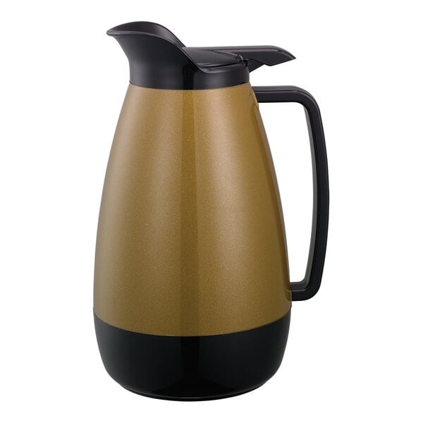 A black and gold Service Ideas Thermo-Serv coffee carafe with a flip-top lid and handle.