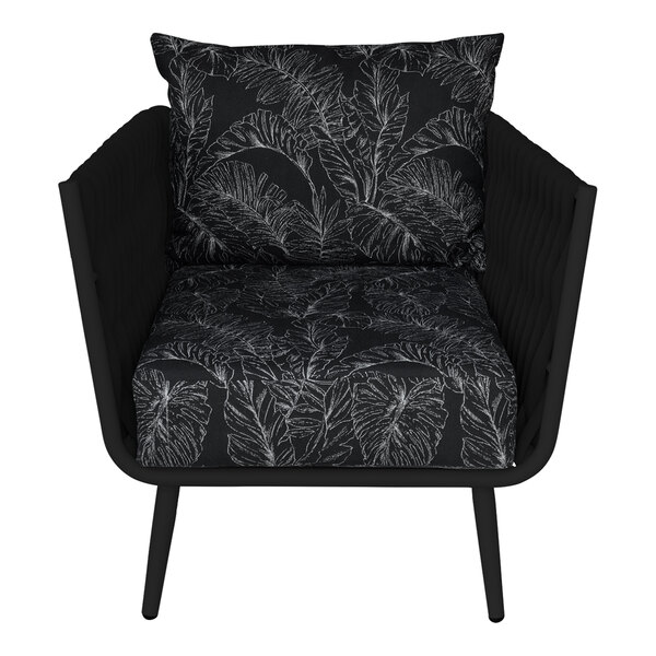 A black outdoor armchair with black rope and black Sunbrella cushions and back pillow.