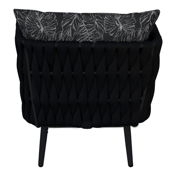 A BFM Seating black outdoor armchair with a black and white cushion and back pillow.