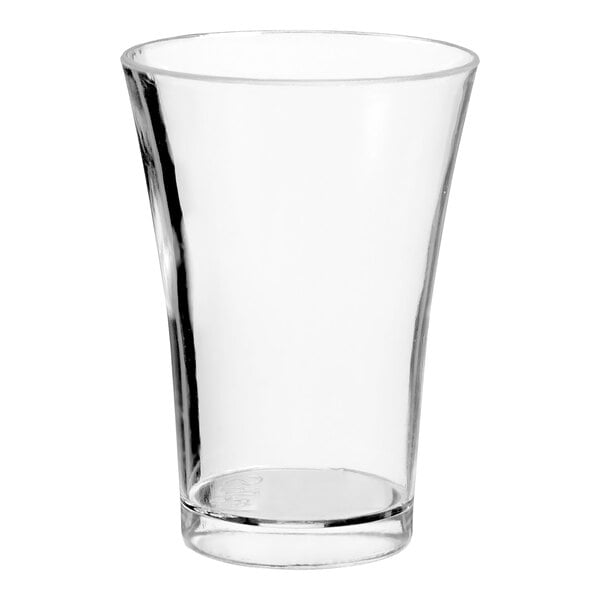 A clear plastic mini flared cup with a white background.