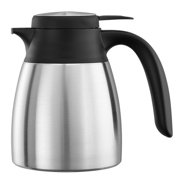 A stainless steel Service Ideas coffee carafe with a black handle.