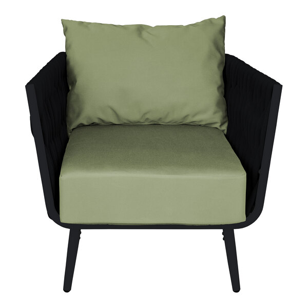 A black armchair with a Sunbrella fern cushion and back pillow.