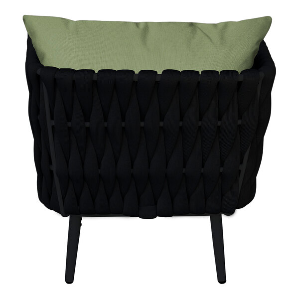 A black wicker outdoor armchair with a green cushion and back pillow.