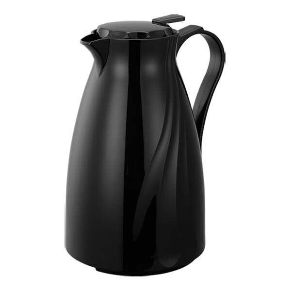 A black plastic coffee carafe with a handle.