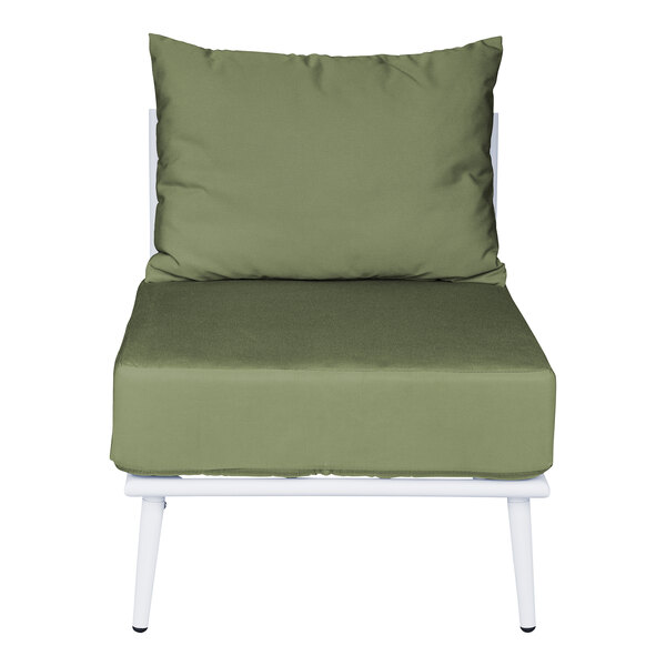 A white BFM Seating outdoor couch middle section with a green cushion and pillow.