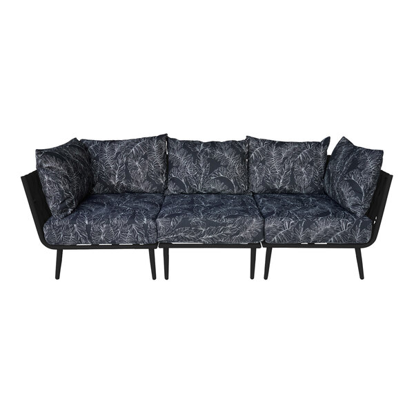 A black BFM Seating outdoor couch with black cushions and back pillows.