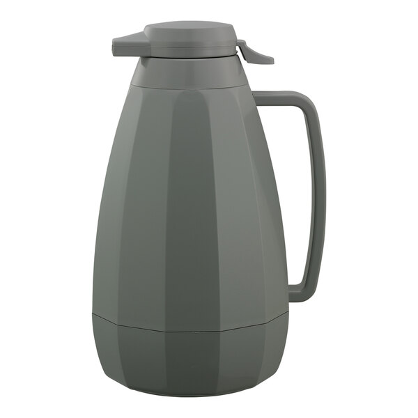 A gray plastic Service Ideas coffee carafe with a handle.