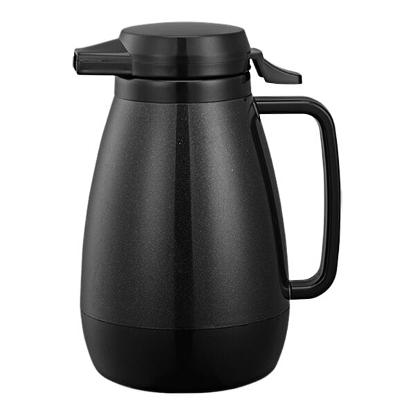 A black Service Ideas Thermo-Serv coffee carafe with a handle and push-button lid.