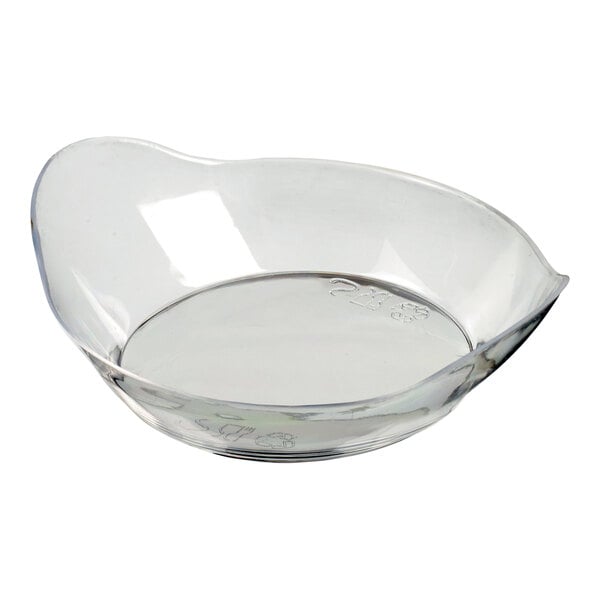 A Solia clear plastic oval mini dish with curved edges.