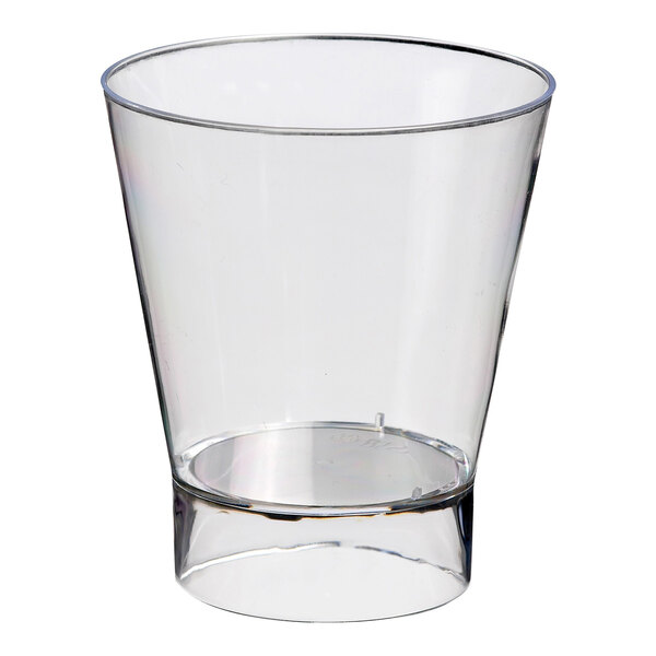 A Solia clear plastic mini cup with a clear rim.