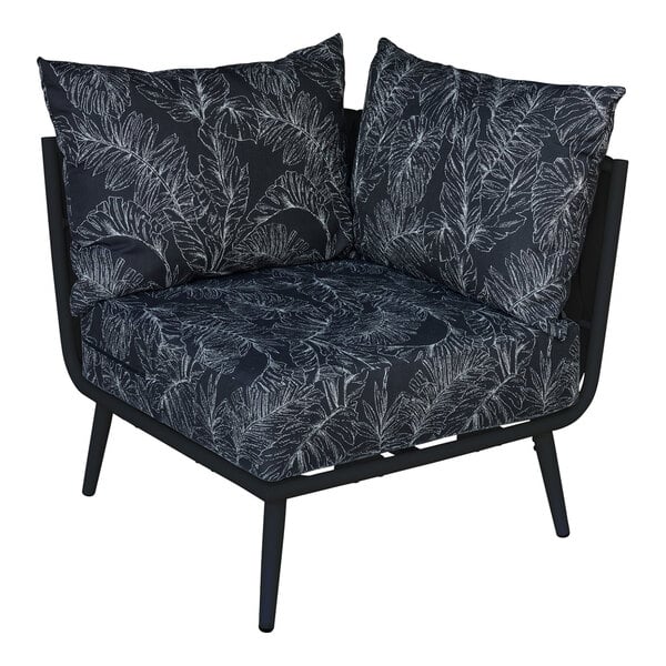 A BFM Seating black outdoor couch corner section with black rope and black Sunbrella cushions.