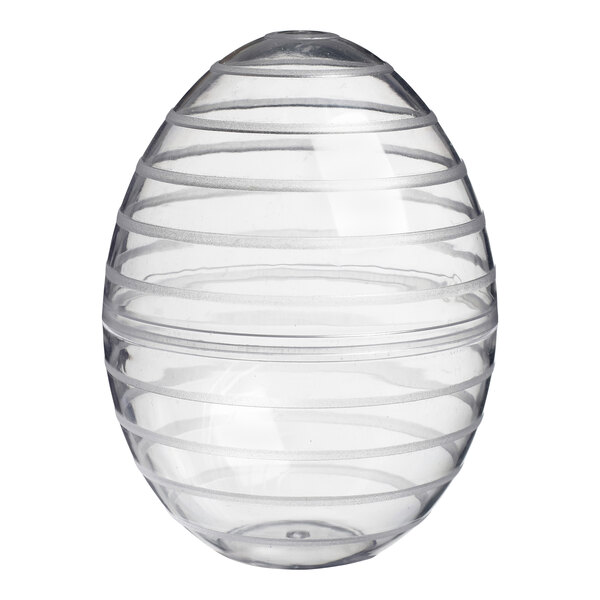 A clear plastic egg shaped container with a dome lid.