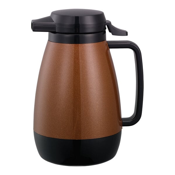 A brown and black Service Ideas Thermo-Serv insulated coffee carafe with a push-button lid.
