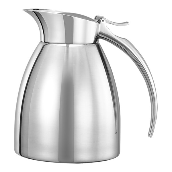 A Service Ideas stainless steel coffee carafe with a handle.