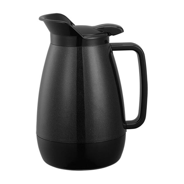 A black Service Ideas Thermo-Serv coffee carafe with a flip-top lid and handle.