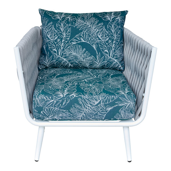 A white BFM Seating outdoor armchair with a blue and white patterned cushion and back pillow.