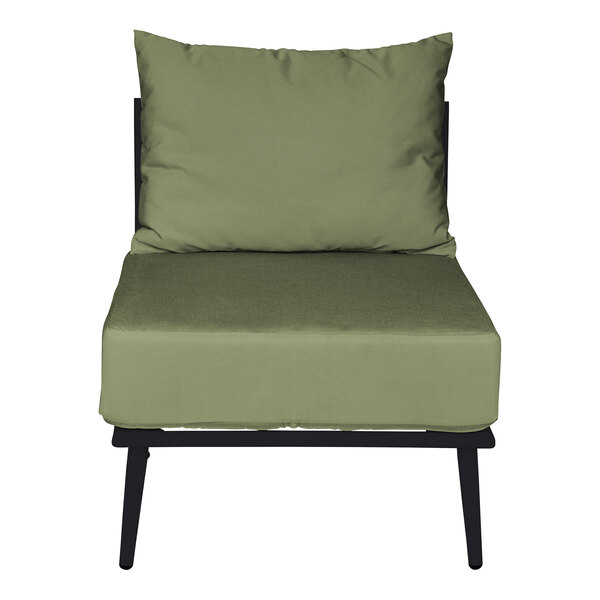 A black BFM Seating outdoor middle section with a green cushion and pillow on a white background.