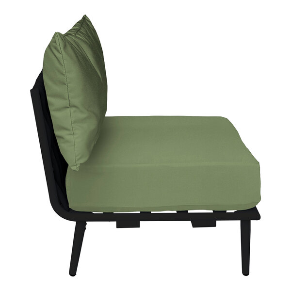 A BFM Seating Cayman middle section for an outdoor couch with a Sunbrella fern cushion and back pillow on a black chair.