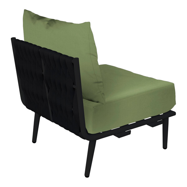 A BFM Seating Cayman outdoor middle section with black rope and Sunbrella fern cushion and back pillow.