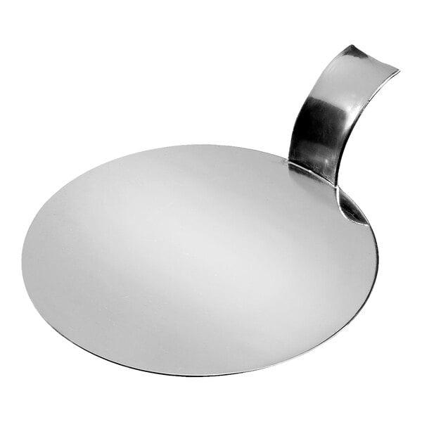 A Solia silver metal round pastry display with a black handle.