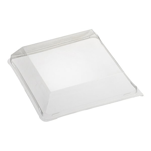 A clear plastic lid on a rectangular clear plastic container.