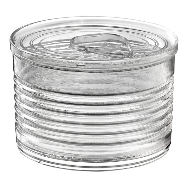 A Solia clear plastic tin can with a lid.