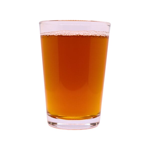 A glass of amber Munich malt beer on a white background.