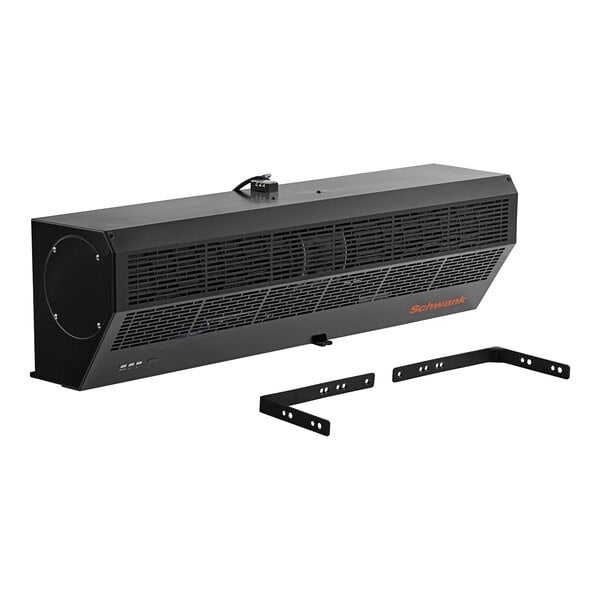 A black rectangular air curtain unit with a vented front panel, two mounting brackets, and a visible power cord on top.
