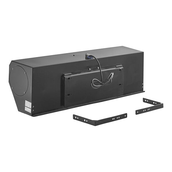 A rectangular black metal device with a power cord and two separate mounting brackets placed in front of it.
