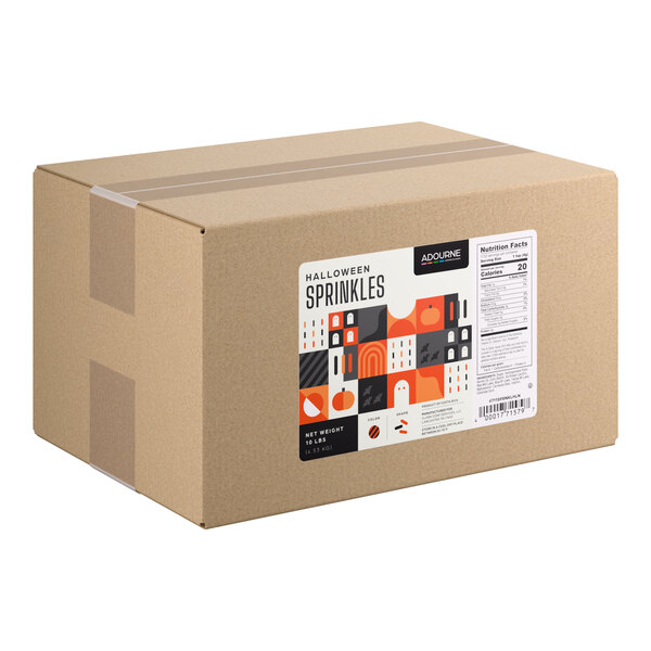 A large cardboard box labeled as containing 10 pounds of Adourne Halloween Sprinkles.