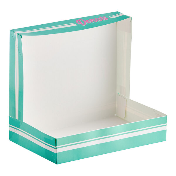 A Southern Champion multicolor donut box with a lid open, featuring a blue and white striped design.