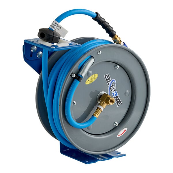 A BluBird grey powder-coated steel hose reel with a blue hose attached.