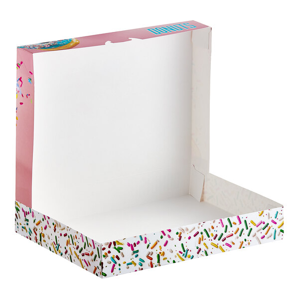 A multicolor Southern Champion donut box with sprinkles on it.