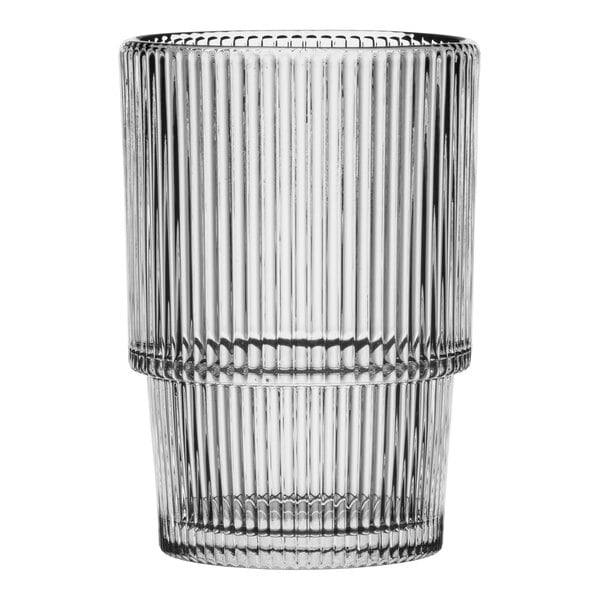 An Anchor Hocking stackable beverage glass with lines on the rim.
