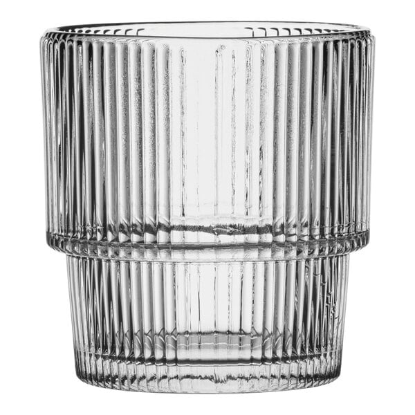 A clear Anchor Hocking Monaco rocks glass with a thin rim.