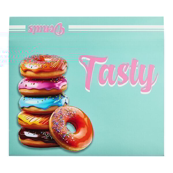 A stack of donuts in a "Tasty" box.