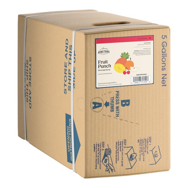 A 5-gallon bag-in-box of Hometown Provisions Fruit Punch drink syrup.