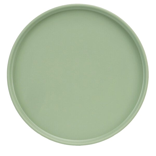 A close-up of a green Cal-Mil melamine plate with a round rim.