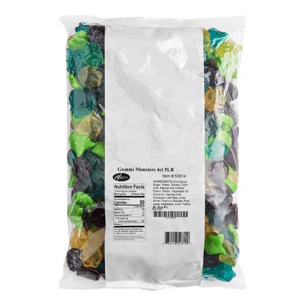 A large 5-pound bag of Albanese Gummi Monster Mix candy.